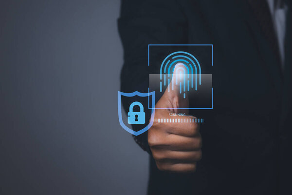 Безопасность инновационных интернет-технологий против цифровых киберпреступлений. Сканер отпечатков пальцев футуристическая цифровая обработка биометрической идентификации Входное имя пользователя и пароль.