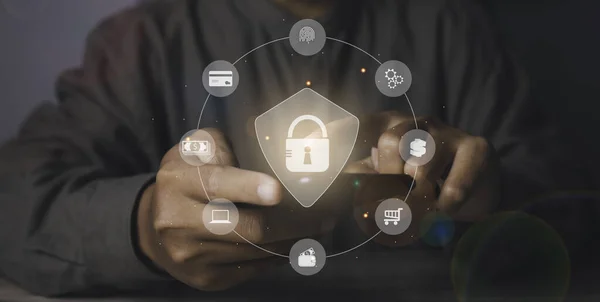 Lock Symbol Und Internet Netzwerk Sicherheitstechnologie Geschäftsleute Sichern Den Zugang — Stockfoto