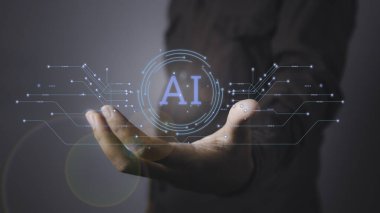 Gelecekteki iş dünyasında Yapay Zeka (AI) dijital dönüşüm yönetimi, şeylerin interneti, yeni teknoloji büyük veri ve iş süreci stratejisi, arayüz ve senkronizasyon.