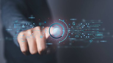 İşadamı parmak izi biyometrik kimliğini ve onayını tarıyor. Geçerli parmak izi taraması ile güvenli erişim, dijital program fütüristik uygulamaları sibernetik iş İnternet 'te siber güvenlik