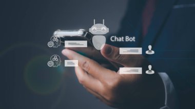 Yapay Zeka ile İşadamı ChatBot Sohbeti. Dijital sohbet robotu, robot uygulaması, yapay zeka sohbet robotu iletişimi ve akıllı veri etkileşimi..