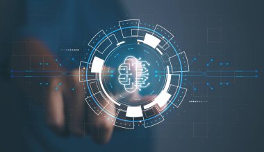 İnsan eli yapay zekanın beynine dokunuyor, dijital teknoloji yaratıcı düşünce ve beyin fırtınası. İş analizi, yenilikçi ve iş geliştirme konularındaki yapay zeka ağı.