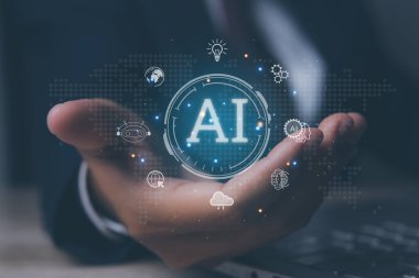 Yapay Zeka 'nın dijital dönüşüm yönetimi (AI). Global business, Data exchange, digital technology, AI, Business Intelligence, big data management and Internet network link.