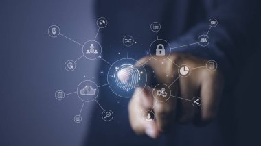Fingerprint scanner futuristic digital processing of biometric identification. Secure access granted by valid fingerprint scan, cyber security on internet of digital programs futuristic applications.