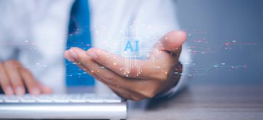 Yapay Zeka 'nın dijital dönüşüm yönetimi (AI). Global business, Data exchange, digital technology, AI, Business Intelligence, big data management and Internet network link.