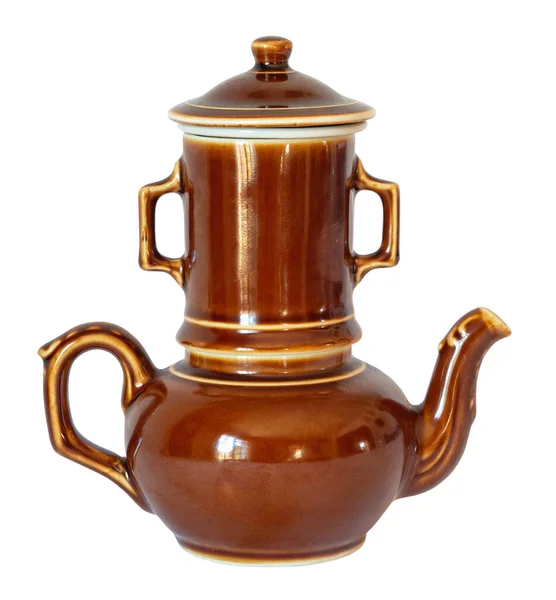 Französisch Dreiteiliges Set Aus Braunem Steinzeug Kaffeekanne Oder Teekanne Vintage — Stockfoto
