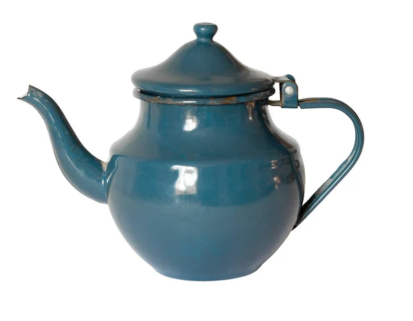 Blau Antik Emaillierte Teekanne Isoliert Auf Weißem Hintergrund — Stockfoto