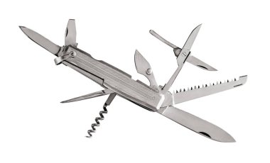 Çelik metalle katlanmış çakı, beyaz arka planda izole edilmiş.