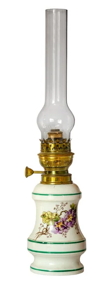 Starožitné Sklo Porcelánový Olej Lampa Izolované Bílém Pozadí — Stock fotografie