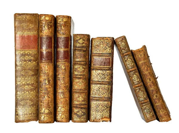 Fila Libros Antiguos Con Una Cubierta Cuero Adornos Dorados Sobre — Foto de Stock