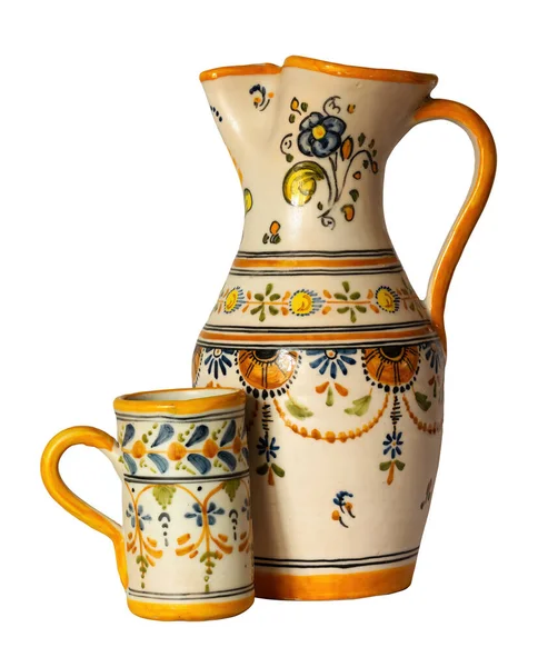 French Pitcher Ceramic Jug Water Cruche Mug Ornate Provencal Decoration — Stock Photo, Image