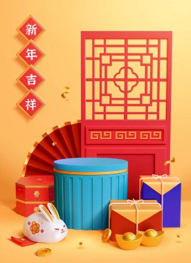 3D zarif CNY posteri. Sarı arka planda geleneksel yeni yıl nesneleri olan sevimli tavşan kompozisyonu. Metin: Uğurlu yeni yıl.