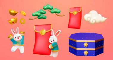 3d Chinese new year bunnies set isolated on pink background. Including gold ingot, coins, Japanese pine, red envelope, cloud, rabbit with coins, rabbit with red envelope, and hexagon box. clipart