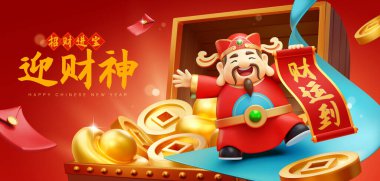 3d CNY banner. God of wealth with scroll standing on blue ribbon path. Treasure box full of gold in the back on red background. Text:Wishing wealth comes to you. Welcome Caishen. Fortune has arrived. clipart