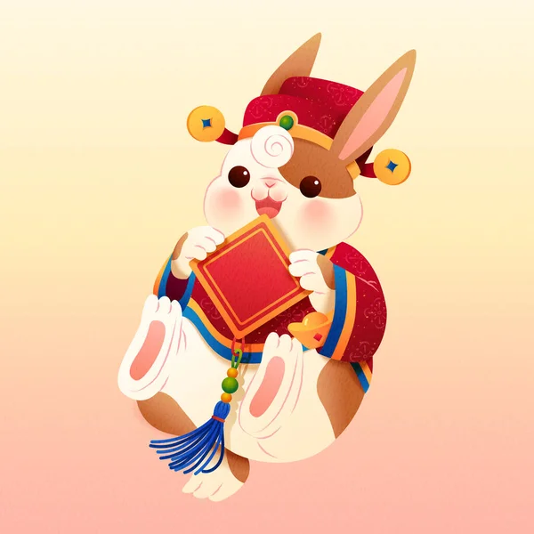 Симпатичний Кролик Китайському Традиційному Вбранні Тримає Дуфанг Ізольований Пастельному Рожевому — стоковий вектор