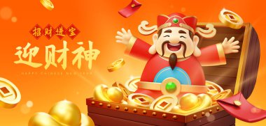 3D turuncu CNY afişi. Turuncu arka planda altın dolu ahşap hazine kutusundan gelen zenginlik tanrısı. Yazı: Servet dilemek sana gelir. Hoş geldin Caishen..