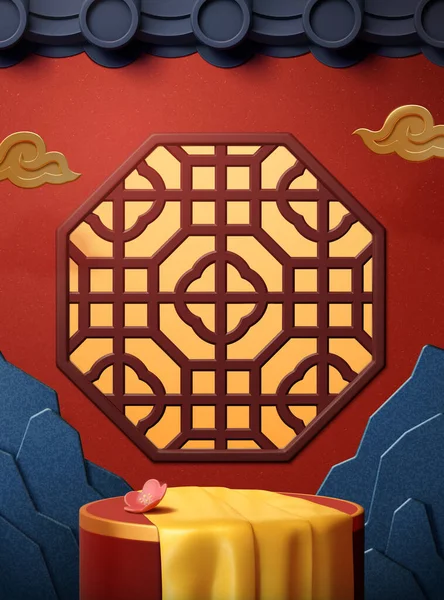 Ilustrace Klasické Čínské Struktury Tradičním Pozadím Okna Kaštanový Podstavec Žlutou — Stockový vektor