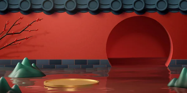 3D描绘了超现实的中国传统墙体展示背景 金平台漂浮在水面上 周围有高山和柳枝 东风墙 后部为圆形入口 — 图库矢量图片