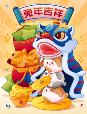 NY illüstrasyonu. Arkasında açık turuncu radyal arka planda para olan aslan dansı kostümlü şirin tavşanlar. Metin: Tavşanın uğurlu yılı.