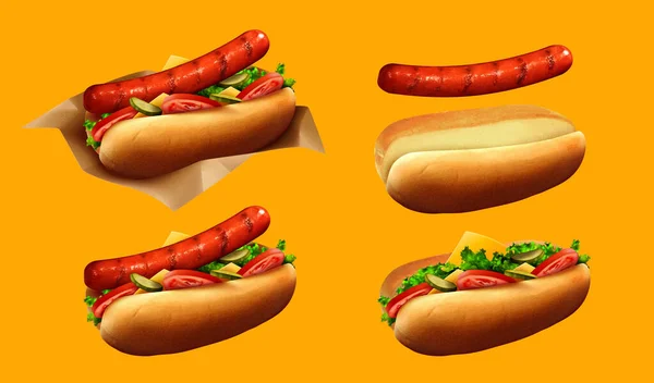 Hot Dog Element Set Isolated Orange Background Including Hot Dog — Stock Vector