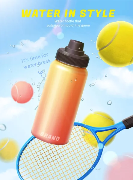3D Sport water bottle ad. Orange gradient bottle, tennis balls and racket floating in the sky with splashing water drop effect.
