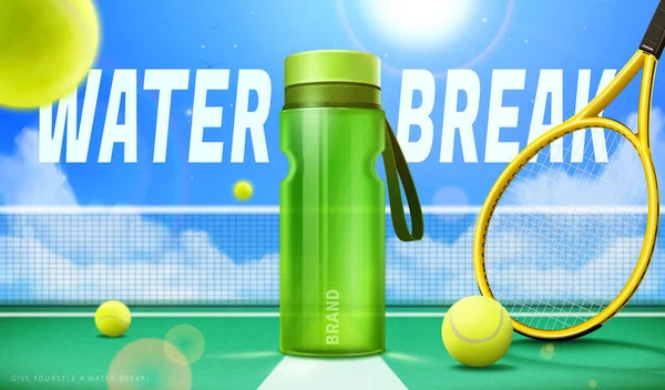 3D sport water bottle ad. Green bottle on tennis court with racket and balls on sunny sky background.