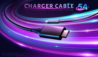 3D charger cable ad template. Charger cable with both type C adapter circle along the curving neon light trail. Concept of fast charging speed. clipart