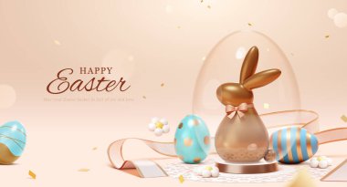 3D chocolate Easter bunny in transparent eggshell decoration on light pink background. Ribbon, painted eggs and daisies scattered around.