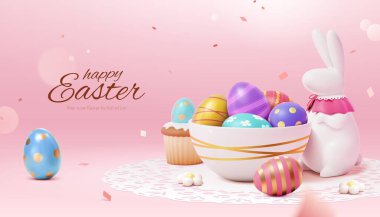 Pink festive Easter poster. 3D illustrated adorable porcelain rabbit standing next to bowl of painted eggs and cupcake on pink background.
