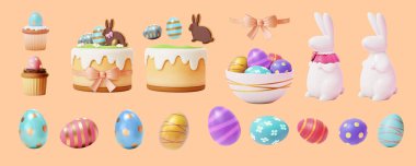 3D illustrated sweet festive Easter set isolated on light orange background. Including painted eggs, porcelain bunny, bowl of eggs, layer cake, and cupcake.