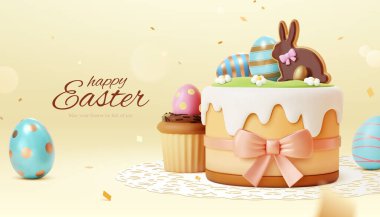Sweet adorable Easter poster. 3D illustrated Easter cake with bunny cookie and egg decoration on pale yellow background.