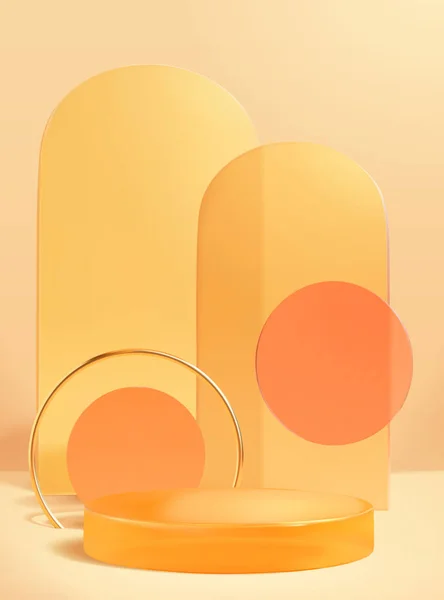 ディスプレイ表彰台とガラスアーチ サークル装飾と3Dモダンなオレンジの背景 — ストックベクタ