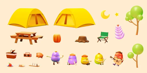 Cartoon Camping Set Isolated Light Orange Background Including Tent Picnic — Stock Vector