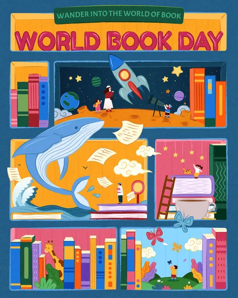 Manifesto Della Giornata Mondiale Del Libro Libreria Illustrata Con Cubi — Vettoriale Stock