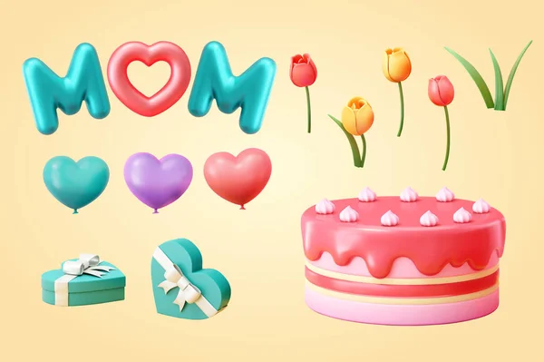 3D派对装饰设置隔离在浅黄色背景 包括妈妈的短信和爱气球 心形礼盒 郁金香和蛋糕 适用于母亲节和生日等节日 — 图库矢量图片