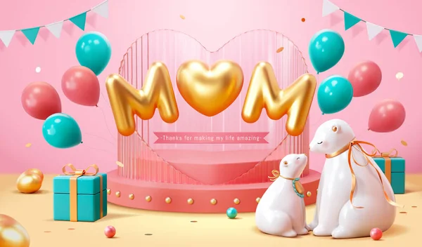 Vorlage Für Muttertagsfeiern Porzellan Eisbären Sitzen Neben Schicker Herzförmiger Designbühne — Stockvektor