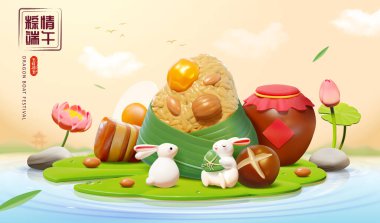 Üç boyutlu Ejderha Botu festivali tebrik kartı. Zongzi, şarap kavanozu ve gölette nilüfer yaprağı üzerinde minyatür tavşanlar. Metin: 5 Mayıs, DuanWu tatiliniz kutlu olsun.