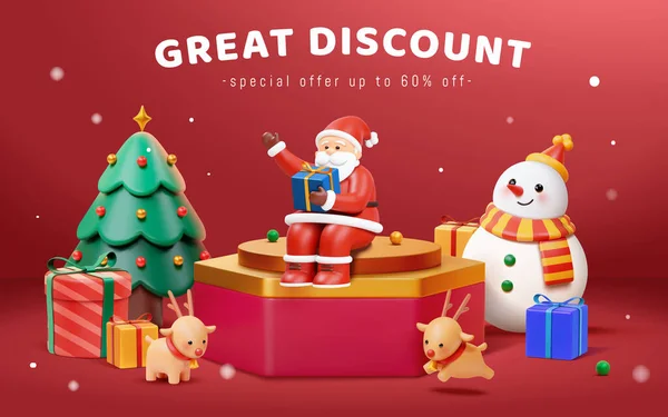 3D红色圣诞促销海报 圣诞老人坐在红色的六边形讲台上 身边围着圣诞树 礼物和驯鹿 — 图库矢量图片