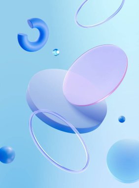 Açık mavi arkaplanda yüzen üç boyutlu yuvarlak disk ve geometrik şekiller.