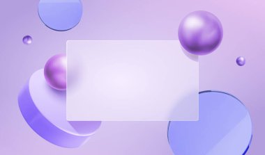 3 boyutlu geometrik nesneler ve menekşe arkaplanda yüzen cam morfizm kare plaka.