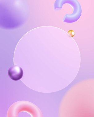 Geometrik şekilli nesnelerle pembe ve mor arkaplan üzerinde yüzen üç boyutlu canlı cam şekilli yuvarlak plaka..