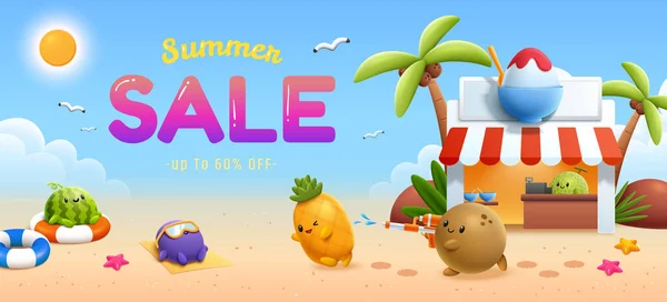 夏日促销海报 可爱的卡通片热带水果玩水枪 日光浴 以及在海滩卖刨冰 — 图库矢量图片
