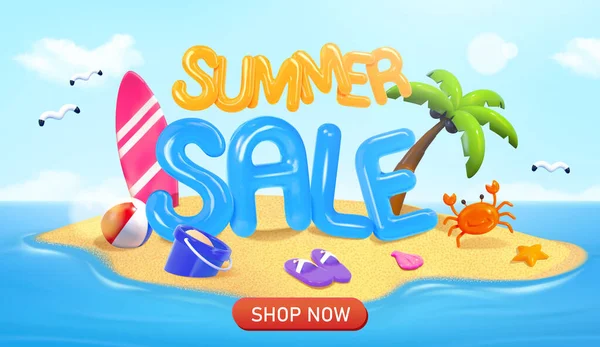 夏季销售气球文本在海滩岛上与棕榈树 海洋生物 冲浪板 海滩球 凉鞋和桶 在下面按一下按钮 适用于网上促销广告 — 图库矢量图片