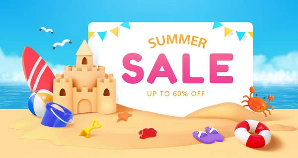 3D夏季促销海报 用沙堡 冲浪板和海滩玩具说明海滩 — 图库矢量图片