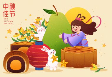 Sevimli tavşanlar ve Chang 'e çevrili dev ay çörekleri, fener, pomelo ve bej arka planda osmanthus çiçekleri. Çeviri: Güz ortası Festivali.