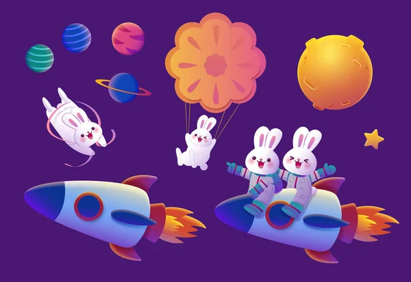 Playful Outer Space Bunnies Element Set Isolated Purple Background Including — Stock Vector