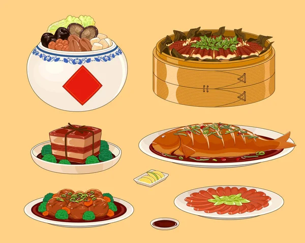 Ilustrované Čínské Silvestrovské Pokrmy Izolované Světle Oranžovém Pozadí Buddhovo Pokušení — Stockový vektor