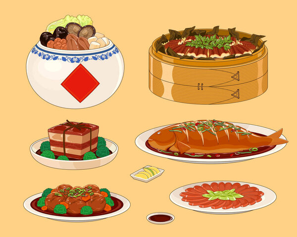 Illustrated Chinese new year's eve dishes isolated on light orange background. Buddhas temptation, grilled eel, dong po pork, fish, meat ball, mullet roe, lemon slice and soy sauce dish.
