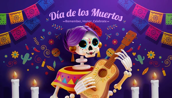 Üç boyutlu güzel iskelet mor arka planda gitar çalıyor. Day of the Dead dekorasyonlarıyla..