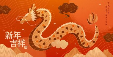 Klasik CNY afişi. Turuncu ve kırmızı arkaplanda çizgi stili süslemeleri olan bir ejderha. Metin çevirisi: Şans. Hayırlı bir yeni yıl..